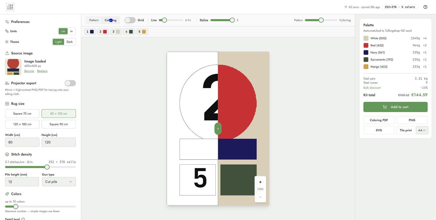 Coloring tab showing the same design as numbered regions for paint-by-numbers tufting