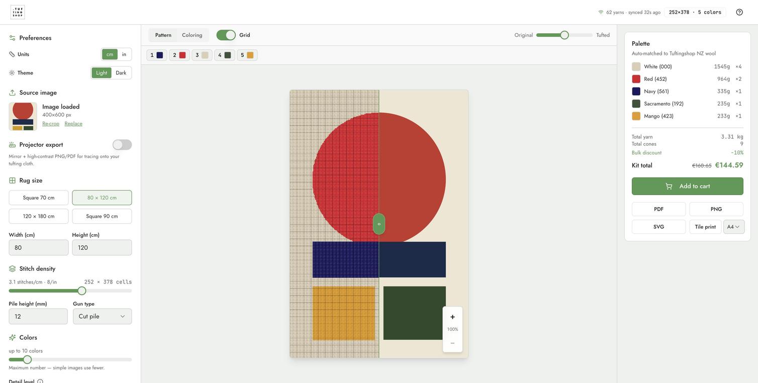 Tufting Design Studio with a Bauhaus design rendered as a tufted pattern, palette and kit price visible on the right